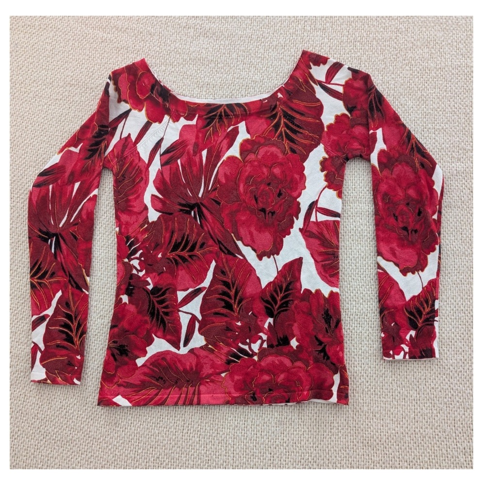 Boston Proper Red Floral Gold Metallic Knit Boat‎ Neck Top XS Long Sleeve